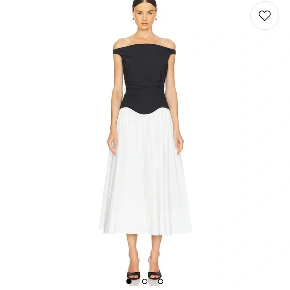 Jonathan Simkhai Cersei Off Shoulder Midi Dress in White Black Multi- Sz 0 New - Picture 1 of 6